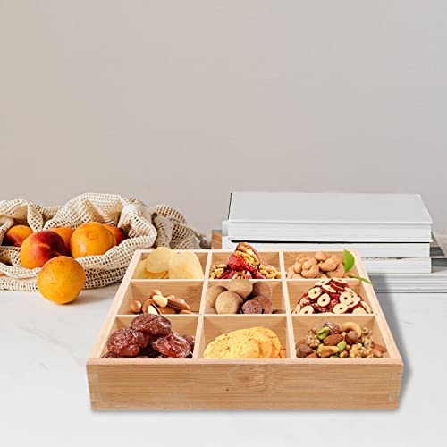 DOITOOL Divided Serving Tray Wooden Square 9 Compartments Serving Platter Sushi Plate Nut Candy Snack Storage Trays Ottoman Tray for Home Restaurant