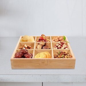 DOITOOL Divided Serving Tray Wooden Square 9 Compartments Serving Platter Sushi Plate Nut Candy Snack Storage Trays Ottoman Tray for Home Restaurant