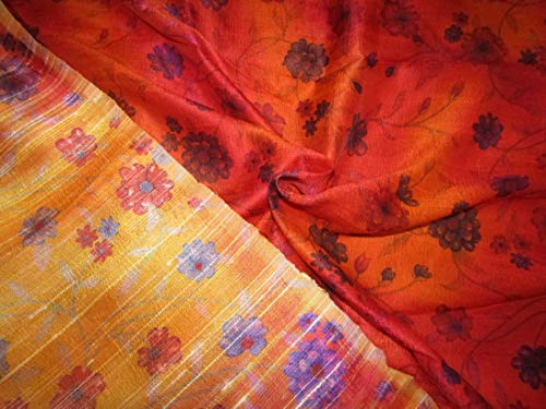 100% Silk Dupion Fabric Redish Orange with Black Floral Print 40" SLUBS DupPr41[1]