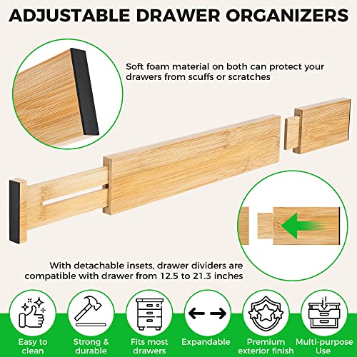 Bamboo Drawer Dividers Organizer with Inserts, Expandable from 12.5-21.7", Adjustable Drawer Organizer Separators for Utensils, Dresser, Bedroom, Bathroom, Closet, Clothing, Office (Beige)
