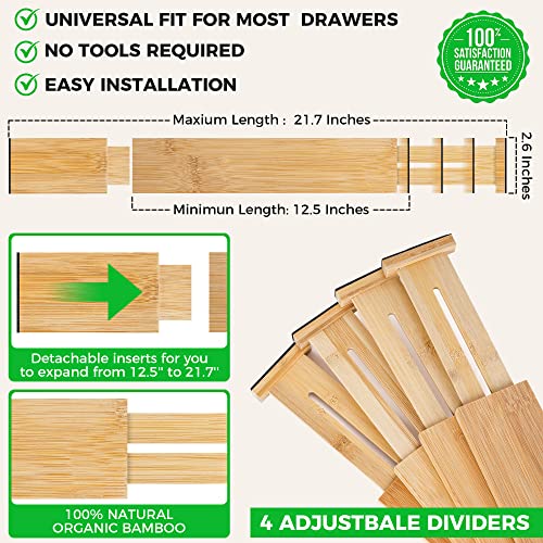 Bamboo Drawer Dividers Organizer with Inserts, Expandable from 12.5-21.7", Adjustable Drawer Organizer Separators for Utensils, Dresser, Bedroom, Bathroom, Closet, Clothing, Office (Beige)