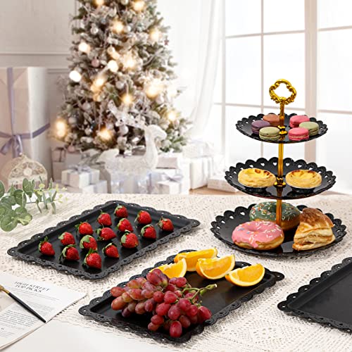 Plastic Serving Trays Food Tray - 14" x 9" Black Rectangle Serving Platter for Party | Cafeteria | Kitchen | Restaurant - Set of 4 Small Flat Trays for Dessert | Fruit | Cookie | Snack | Appetizer