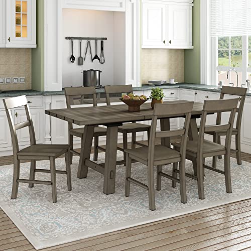 Merax 7-Piece Retro Industrial Style Extendable Dining Table Set with 18” Leaf and Six Wooden Chairs, Gray+Brown