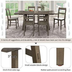Merax 7-Piece Retro Industrial Style Extendable Dining Table Set with 18” Leaf and Six Wooden Chairs, Gray+Brown