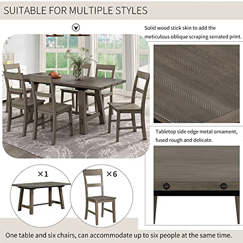 Merax 7-Piece Retro Industrial Style Extendable Dining Table Set with 18” Leaf and Six Wooden Chairs, Gray+Brown