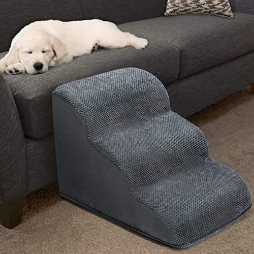 3 Steps Dog Ramp/Stairs for Beds and Couches,MOOACE Pet Stairs with Durable High Density Foam, Washable Cover and Pet Hair Remover Roller - Reduce Stress on Pet Joints/Easy to Walk