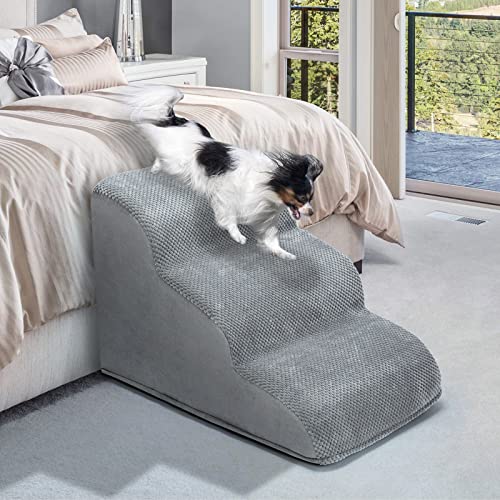 3 Steps Dog Ramp/Stairs for Beds and Couches,MOOACE Pet Stairs with Durable High Density Foam, Washable Cover and Pet Hair Remover Roller - Reduce Stress on Pet Joints/Easy to Walk