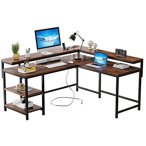 Tribesigns L Shaped Desk with Power Outlets, Reversible Corner Computer Desk with Monitor Stand and Storage Shelves, Home Office Gaming L Desk with USB Port, Brown