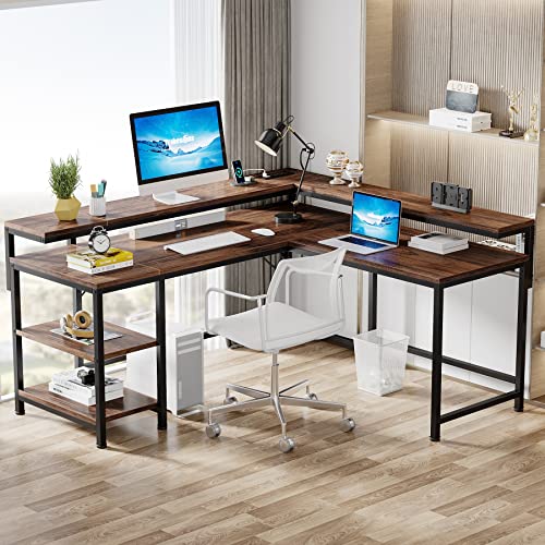 Tribesigns L Shaped Desk with Power Outlets, Reversible Corner Computer Desk with Monitor Stand and Storage Shelves, Home Office Gaming L Desk with USB Port, Brown