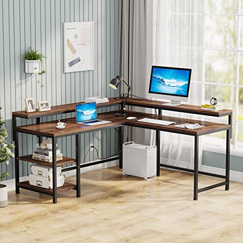 Tribesigns L Shaped Desk with Power Outlets, Reversible Corner Computer Desk with Monitor Stand and Storage Shelves, Home Office Gaming L Desk with USB Port, Brown