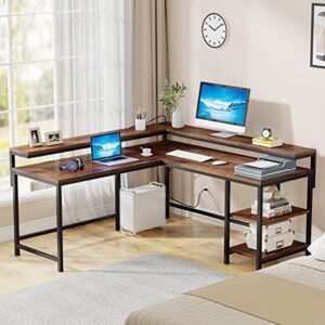 Tribesigns L Shaped Desk with Power Outlets, Reversible Corner Computer Desk with Monitor Stand and Storage Shelves, Home Office Gaming L Desk with USB Port, Brown