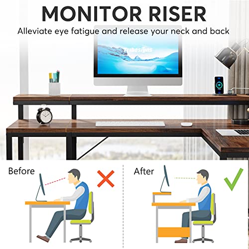 Tribesigns L Shaped Desk with Power Outlets, Reversible Corner Computer Desk with Monitor Stand and Storage Shelves, Home Office Gaming L Desk with USB Port, Brown