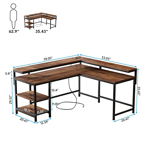 Tribesigns L Shaped Desk with Power Outlets, Reversible Corner Computer Desk with Monitor Stand and Storage Shelves, Home Office Gaming L Desk with USB Port, Brown