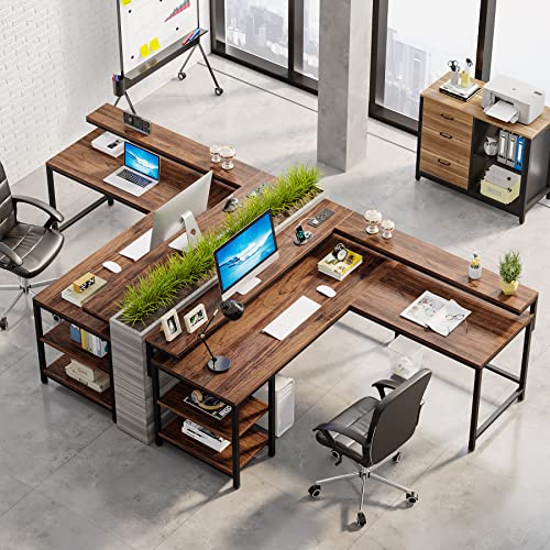 Tribesigns L Shaped Desk with Power Outlets, Reversible Corner Computer Desk with Monitor Stand and Storage Shelves, Home Office Gaming L Desk with USB Port, Brown