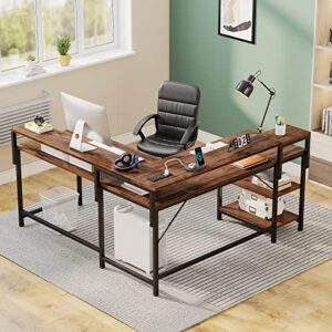 Tribesigns L Shaped Desk with Power Outlets, Reversible Corner Computer Desk with Monitor Stand and Storage Shelves, Home Office Gaming L Desk with USB Port, Brown