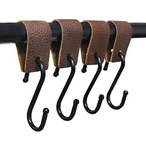 ZZLZX Leather S-Hooks 4PCS Brown S Shaped Leather Hooks for Kitchen, Bathroom, Bedroom and Office, Camping Hook Hanger, Leather Hooks