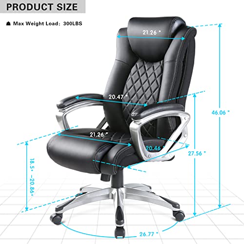 BOWTHY Executive Office Chair 300lbs - Adjustable Built-in Lumbar Support, High Back Office Chair PU Leather Chairs with Padded Armrest, Desk Chairs with Wheels Ergonomic Design for Back Pain (Black)