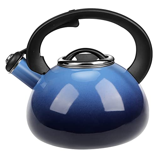 Enamel-on-Steel Tea Kettle Stovetop,2.3 Quart Whistling Tea Kettle with Anti-Hot Folding Handle for All Heat Sources (Blue)