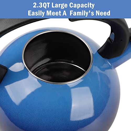 Enamel-on-Steel Tea Kettle Stovetop,2.3 Quart Whistling Tea Kettle with Anti-Hot Folding Handle for All Heat Sources (Blue)