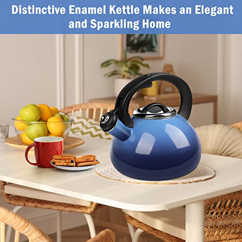 Enamel-on-Steel Tea Kettle Stovetop,2.3 Quart Whistling Tea Kettle with Anti-Hot Folding Handle for All Heat Sources (Blue)