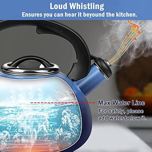 Enamel-on-Steel Tea Kettle Stovetop,2.3 Quart Whistling Tea Kettle with Anti-Hot Folding Handle for All Heat Sources (Blue)