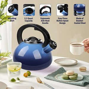 Enamel-on-Steel Tea Kettle Stovetop,2.3 Quart Whistling Tea Kettle with Anti-Hot Folding Handle for All Heat Sources (Blue)