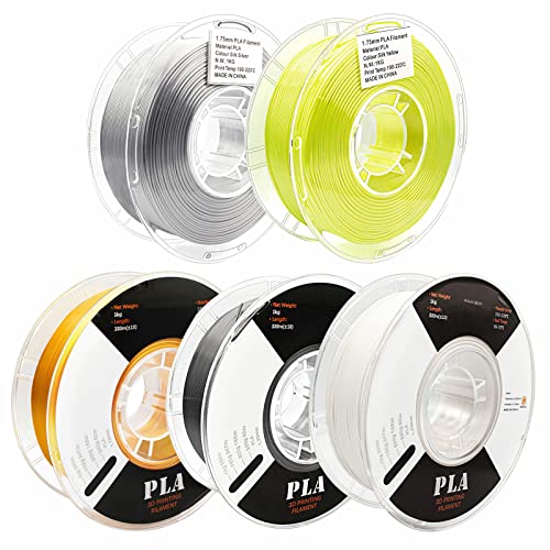 Set of 5 Silk PLA Filament Rolls - More Soft Less Fragile 1.75mm Diameter 2.2 LBS 3D Printing Filament Large Spool for 3D Printers (Black, White, Gold, Silver, Yellow Colors)