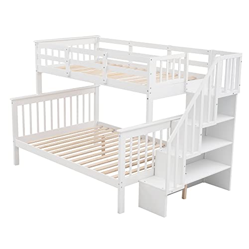 Twin Over Full Beds with Storage Stairs, Solid Wood Bunk Beds with Guard Rail for Kids,Teens,Boys,Girls,Adults