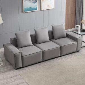 mixoy luxury 105" upholstered modular sectional sofa, 3-seater modern leathaire minimalist sofa couch with 3 pillows & super size deep seat, (light grey)