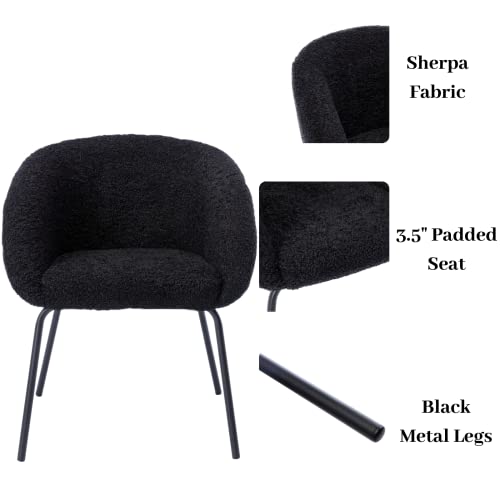 LukeAlon Modern Sherpa Accent Chairs Set of 2, Upholstered Armchairs with Black Metal Legs Comfy Barrel Back Dining Chairs Boucle Vanity Chair for Kitchen Living Room, Black