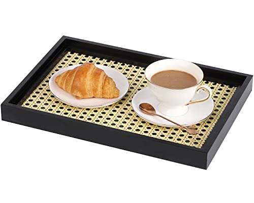 YANWE Serving Tray, Wood Serving Tray, Rattan Tray, Coffee Table Tray, Decorative Tray, Candle Tray, Wooden Tray for Living Room, Bedroom, Bathroom, Kitchen, Modern Farmhouse Decor, 14"x 10" (Black)