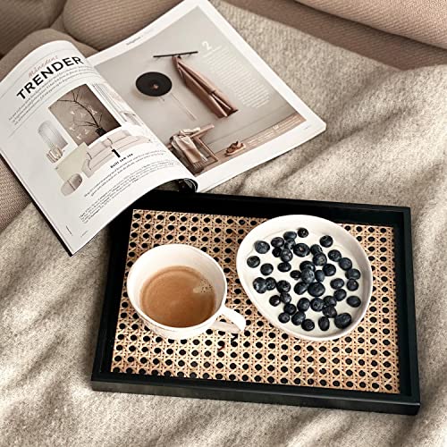 YANWE Serving Tray, Wood Serving Tray, Rattan Tray, Coffee Table Tray, Decorative Tray, Candle Tray, Wooden Tray for Living Room, Bedroom, Bathroom, Kitchen, Modern Farmhouse Decor, 14"x 10" (Black)