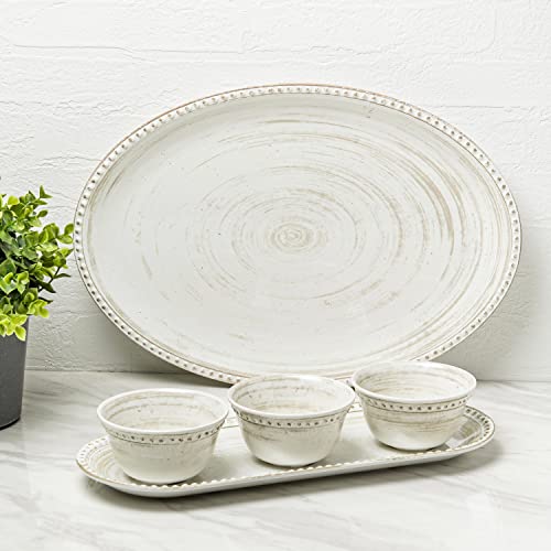 Zak Designs French Country House Melamine Plastic Oval Serving Platter (16 inches, Oyster), Condiment Bowl-Tray 4pc, durable and BPA Free