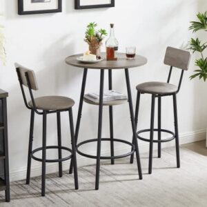 cuanbozam 3-piece bar table set for 2, small 2-tier round bistro pub dining table & pu upholstered stools with backrest, counter height table and chairs set for kitchen small space, grey
