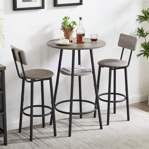 CUANBOZAM 3-Piece Bar Table Set for 2, Small 2-Tier Round Bistro Pub Dining Table & PU Upholstered Stools with Backrest, Counter Height Table and Chairs Set for Kitchen Small Space, Grey