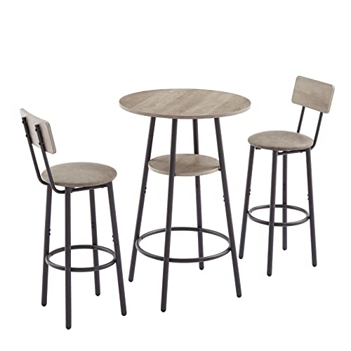 CUANBOZAM 3-Piece Bar Table Set for 2, Small 2-Tier Round Bistro Pub Dining Table & PU Upholstered Stools with Backrest, Counter Height Table and Chairs Set for Kitchen Small Space, Grey