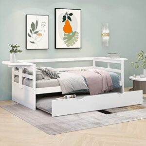 polibi twin size daybed with trundle and foldable shelves on both sides, wooden sofa bed with wood frame and slats, no spring box needed
