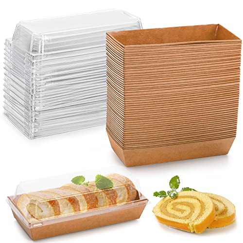 Dicunoy 100 Pack Paper Sandwich Boxes with Clear Lids, Disposable Swiss Roll Cake Containers, Rectangle To Go Boxes for Sushi, Waffle, Cookie, Fruits, Pastry, Desserts, Food Truck Business