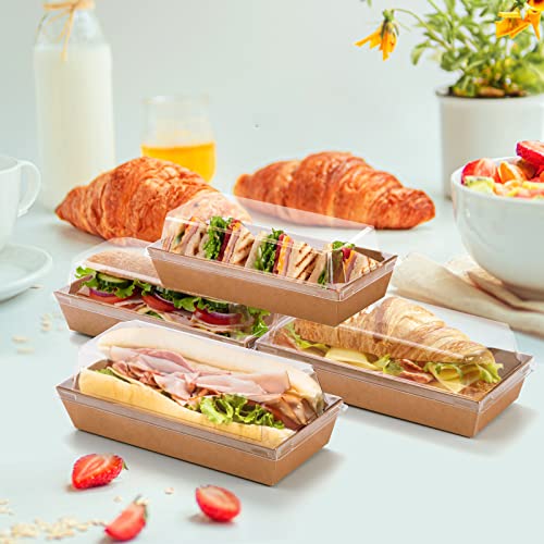 Dicunoy 100 Pack Paper Sandwich Boxes with Clear Lids, Disposable Swiss Roll Cake Containers, Rectangle To Go Boxes for Sushi, Waffle, Cookie, Fruits, Pastry, Desserts, Food Truck Business