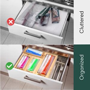 Yuzami Ziplock Bag Organizer , Bamboo Drawer Organizer , 4 Separate Baggie Organizer Storage Bag Organizer, also Includes 100 PCS Sandwich Ziplock Bags, Bag Storage Organizer for Kitchen Drawer