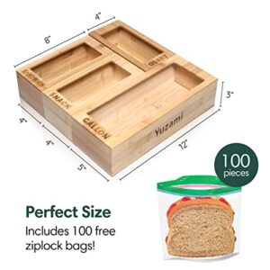 Yuzami Ziplock Bag Organizer , Bamboo Drawer Organizer , 4 Separate Baggie Organizer Storage Bag Organizer, also Includes 100 PCS Sandwich Ziplock Bags, Bag Storage Organizer for Kitchen Drawer