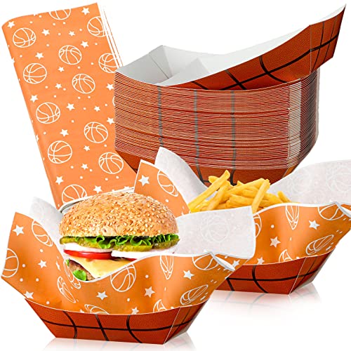 Marsui 100 Pcs Sports Theme Birthday Party Supplies Serves 50, Paper Food Trays Food Boats with Wax Paper Sheets for Sports Birthday Party Plates Decorations Favors (Basketball)