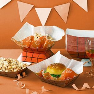 Marsui 100 Pcs Sports Theme Birthday Party Supplies Serves 50, Paper Food Trays Food Boats with Wax Paper Sheets for Sports Birthday Party Plates Decorations Favors (Basketball)