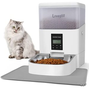 lovegoo automatic cat dog feeder with feeding mat anti-clogging design timed cat feeder 4l programmable control 1-4 meals pet dry food dispenser with desiccant bag, twist lock lid, 10s voice recorder
