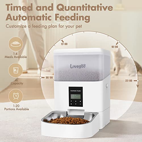 Lovegoo Automatic Cat Dog Feeder with Feeding Mat Anti-Clogging Design Timed Cat Feeder 4L Programmable Control 1-4 Meals Pet Dry Food Dispenser with Desiccant Bag, Twist Lock Lid, 10s Voice Recorder
