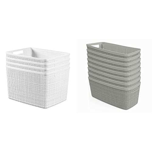 Curver Set of 4 Jute Large Decorative Plastic Organization and Storage Baskets Perfect Bins for Home Office,White, 4 & Set of 8 Jute Half Medium Decorative Plastic Organization Grey, 8 Count