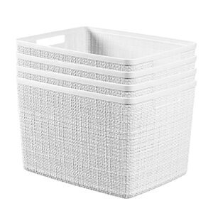 Curver Set of 4 Jute Large Decorative Plastic Organization and Storage Baskets Perfect Bins for Home Office,White, 4 & Set of 8 Jute Half Medium Decorative Plastic Organization Grey, 8 Count