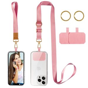 cell phone lanyard, zafolia universal crossbody lanyards adjustable shoulder neck strap with wrist lanyard, 2 key rings, 2 phone tether pads compatible most smartphones (pink)