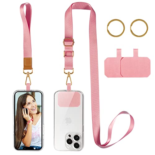 Cell Phone Lanyard, Zafolia Universal Crossbody Lanyards Adjustable Shoulder Neck Strap with Wrist Lanyard, 2 Key Rings, 2 Phone Tether Pads Compatible Most Smartphones (Pink)