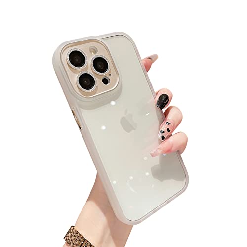 MZELQ for iPhone 14 Pro Max Case Cute with Metal Bling Camera Lens Cover Sparkly Diamond Crystal Back Clear & Matte Bumper Silicone Shockproof Protective Case for Girls and Women - Gold